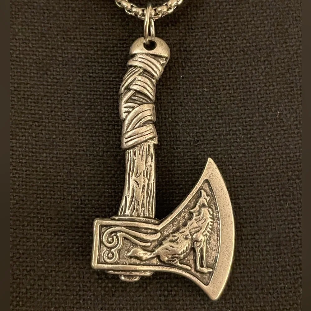 Nordic Viking Axe Necklace with Wolf & Bird